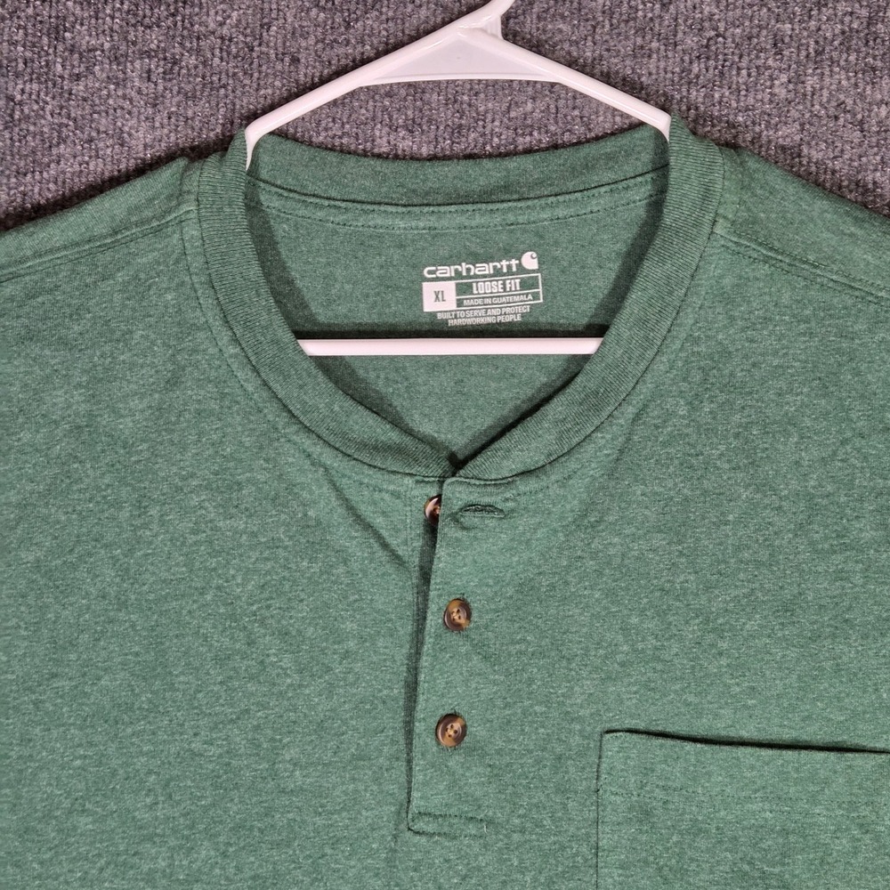 Carhartt Men XL Green Henley Shirt Short Sleeve Loose Fit Workwear Pocket Tee